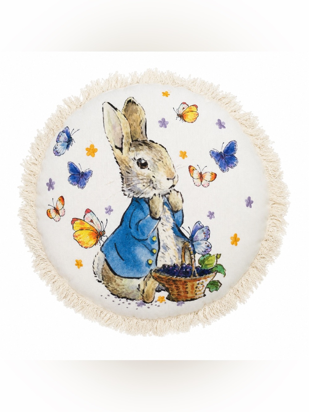 Peter Rabbit Beatrix Potter Round Fringe Pillow 16” Cottagecore Nursery